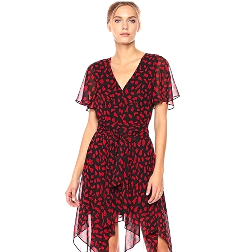 Sam Edelman Chiffon Zip Ruffle Flutter Sleeve Belted Zip Cocktail Dress